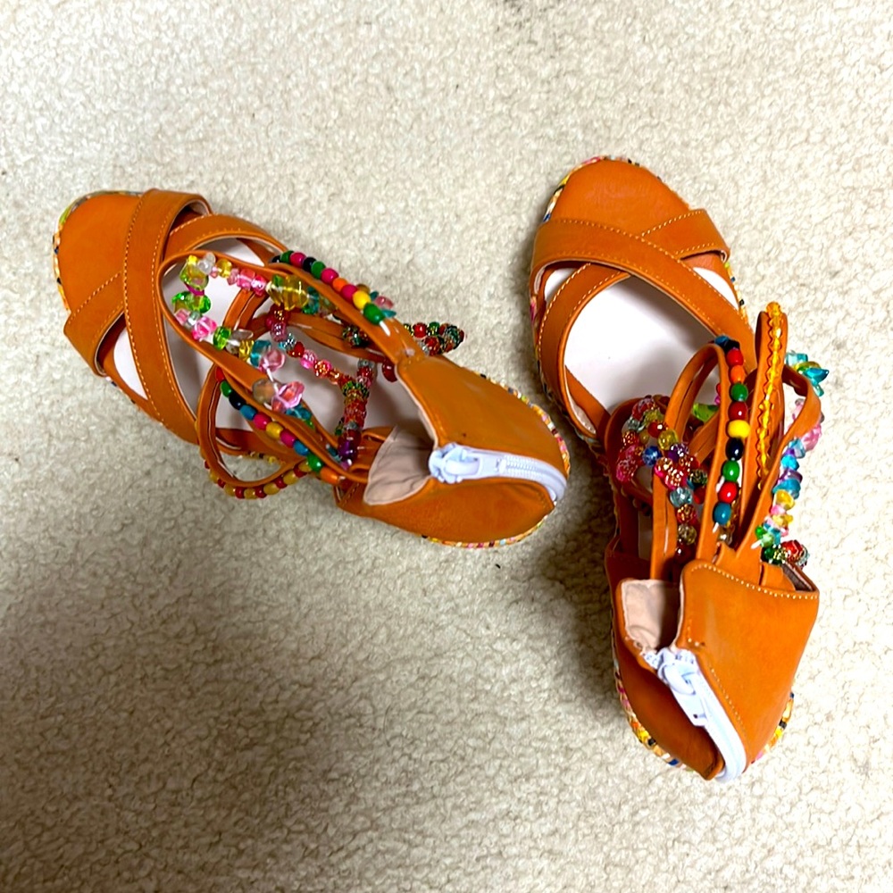 Women’s Size 8  Orange Gladiator Wedges with Multicolored Beads